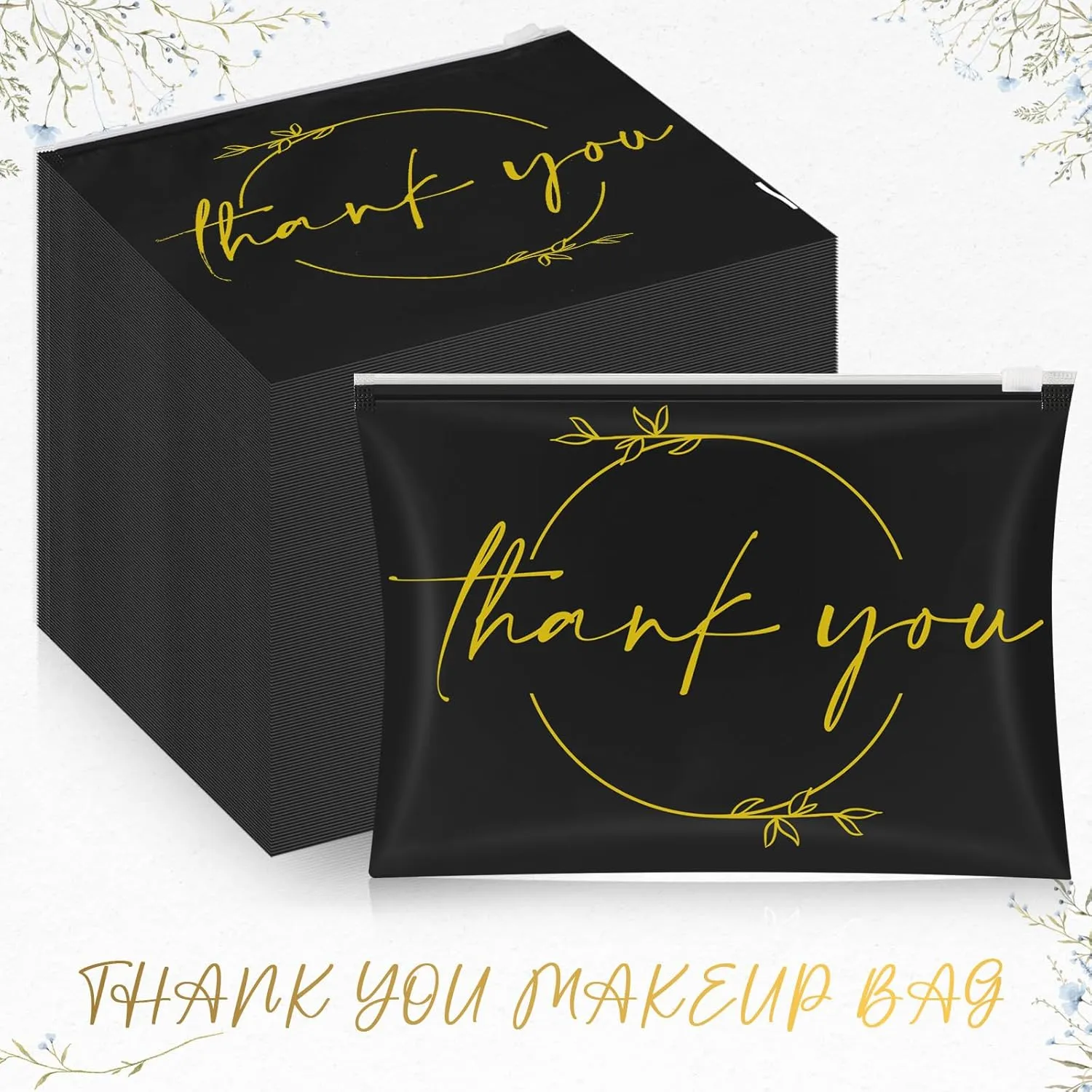 Ireer 100 Pcs Thank You Gift Makeup Bags EVA Clear Cosmetic Bag with Zipper Mini Makeup Thank You Toiletry Cosmetics Bulk Gifts for Women Birthday Daughter Sister(Black, Gold)