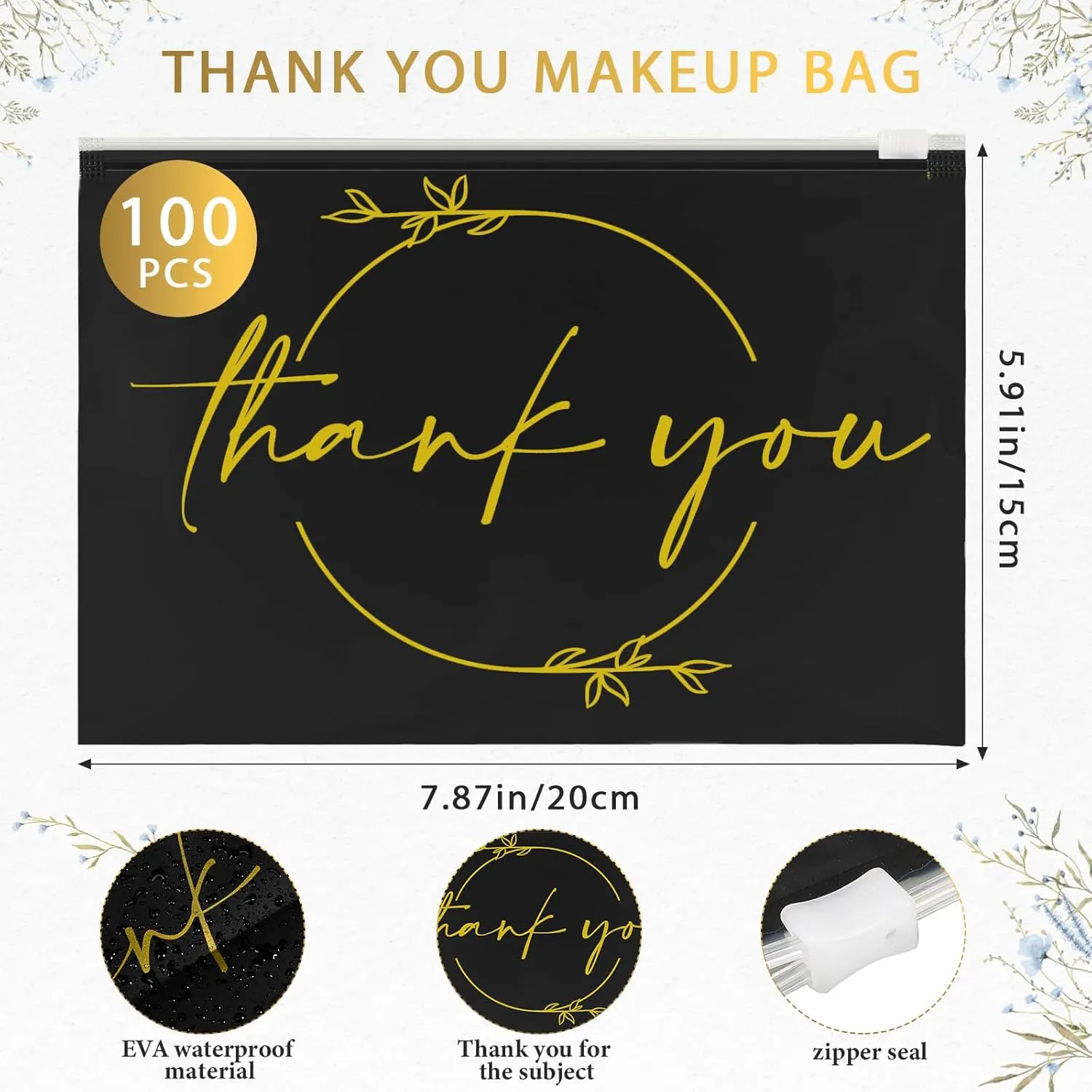 Ireer 100 Pcs Thank You Gift Makeup Bags EVA Clear Cosmetic Bag with Zipper Mini Makeup Thank You Toiletry Cosmetics Bulk Gifts for Women Birthday Daughter Sister(Black, Gold)