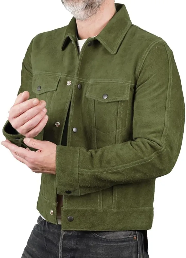 Isaac & David Chicago Mens Trucker Suede Leather Jacket - Western Style Cowboy Leather Jacket Camel/Brown