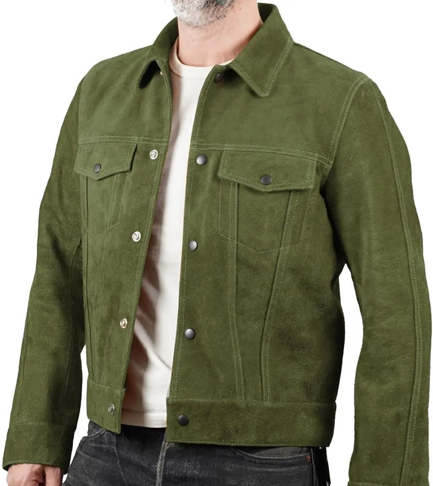Isaac & David Chicago Mens Trucker Suede Leather Jacket - Western Style Cowboy Leather Jacket Camel/Brown