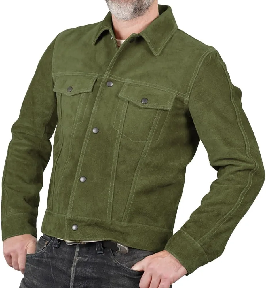 Isaac & David Chicago Mens Trucker Suede Leather Jacket - Western Style Cowboy Leather Jacket Camel/Brown