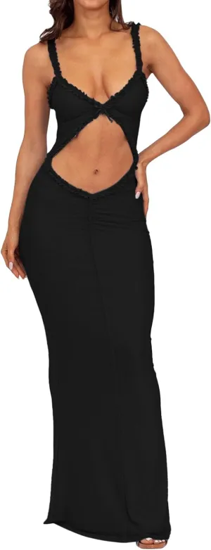 ISZPLUSH Women's Sleeveless All Mesh Dress Sexy Mini Tassel Cut Out See Through Dress High Slit Ruffle Hem Mesh Club Outfit