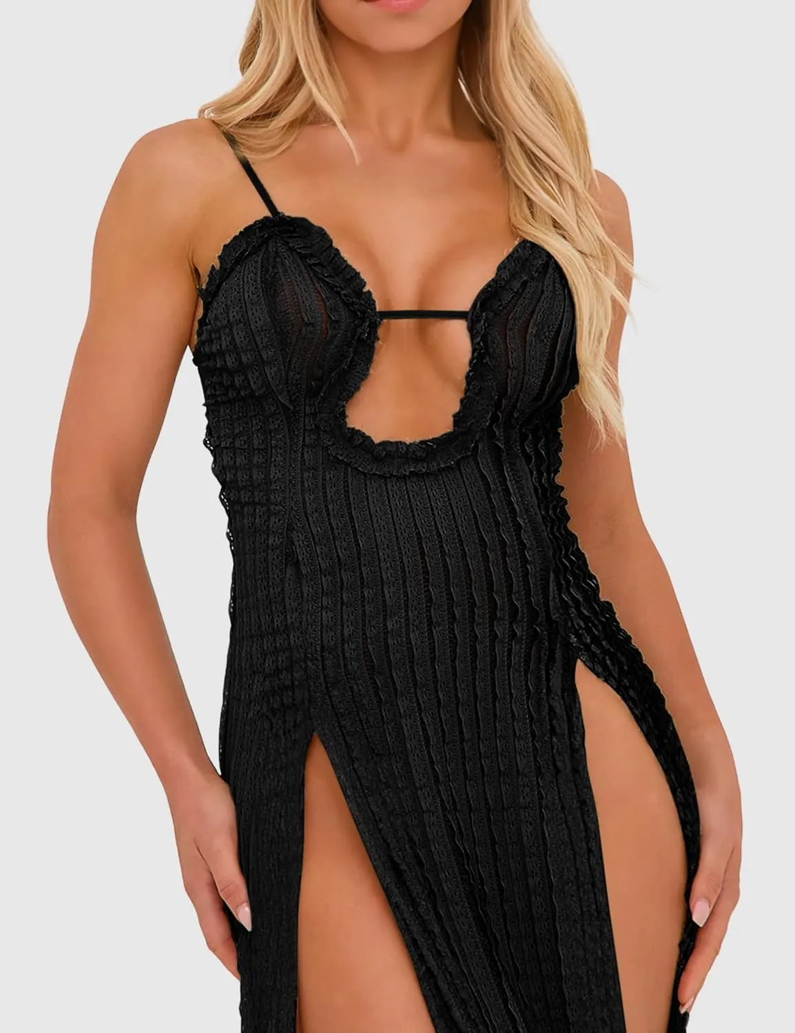 ISZPLUSH Women's Sleeveless All Mesh Dress Sexy Mini Tassel Cut Out See Through Dress High Slit Ruffle Hem Mesh Club Outfit