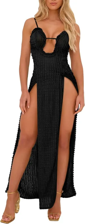 ISZPLUSH Women's Sleeveless All Mesh Dress Sexy Mini Tassel Cut Out See Through Dress High Slit Ruffle Hem Mesh Club Outfit