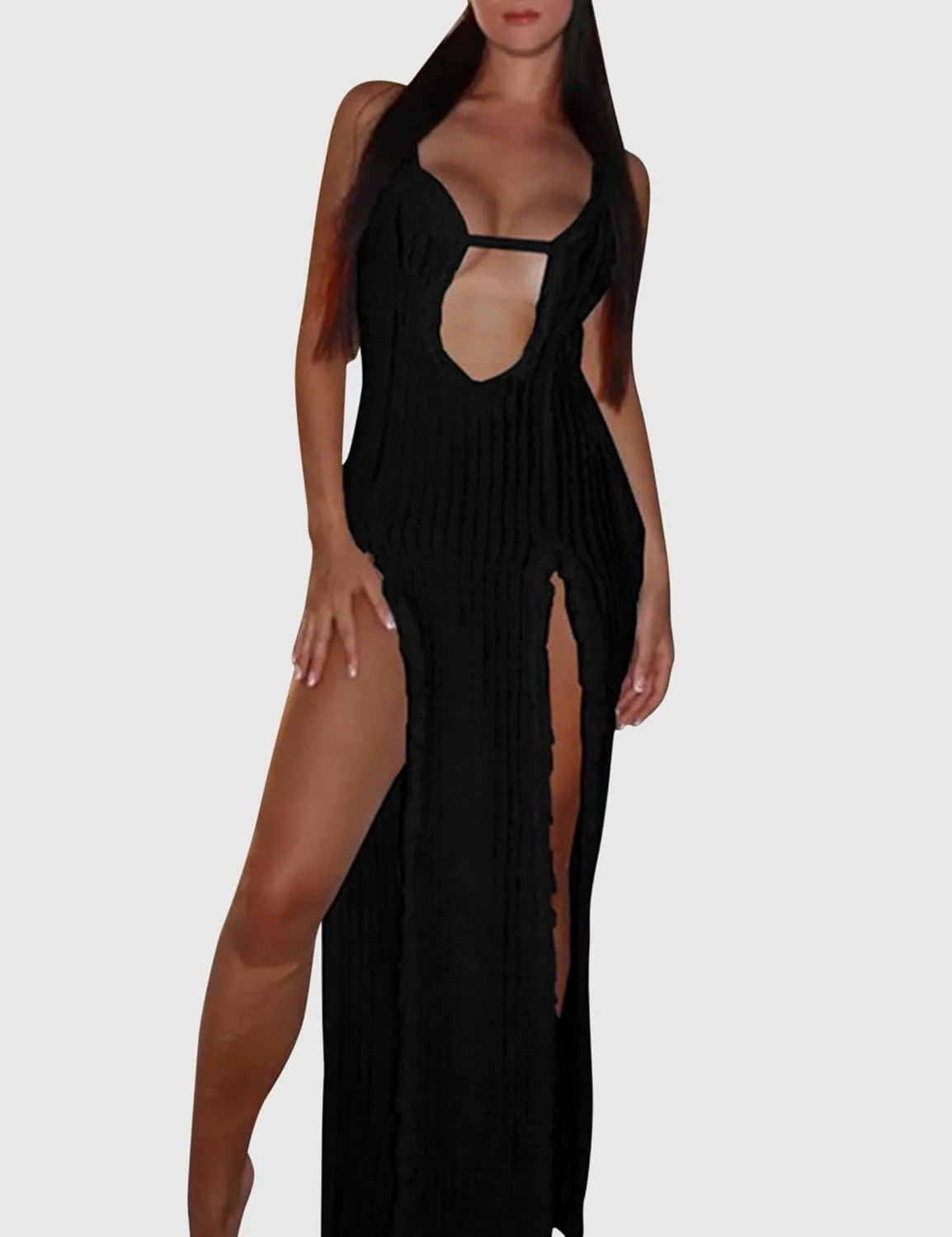 ISZPLUSH Women's Sleeveless All Mesh Dress Sexy Mini Tassel Cut Out See Through Dress High Slit Ruffle Hem Mesh Club Outfit