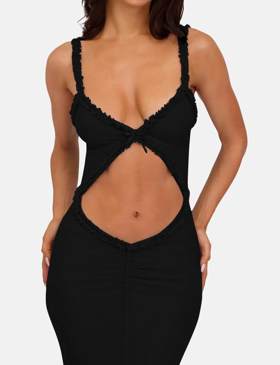 ISZPLUSH Women's Sleeveless All Mesh Dress Sexy Mini Tassel Cut Out See Through Dress High Slit Ruffle Hem Mesh Club Outfit