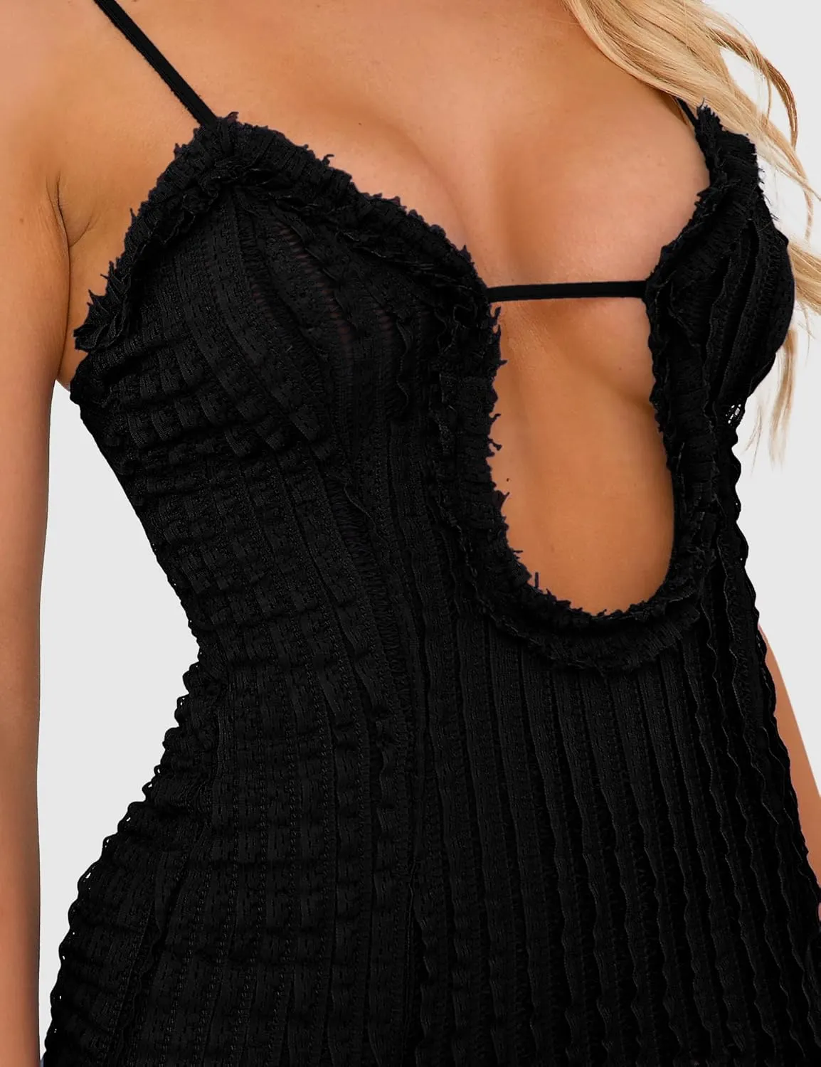ISZPLUSH Women's Sleeveless All Mesh Dress Sexy Mini Tassel Cut Out See Through Dress High Slit Ruffle Hem Mesh Club Outfit