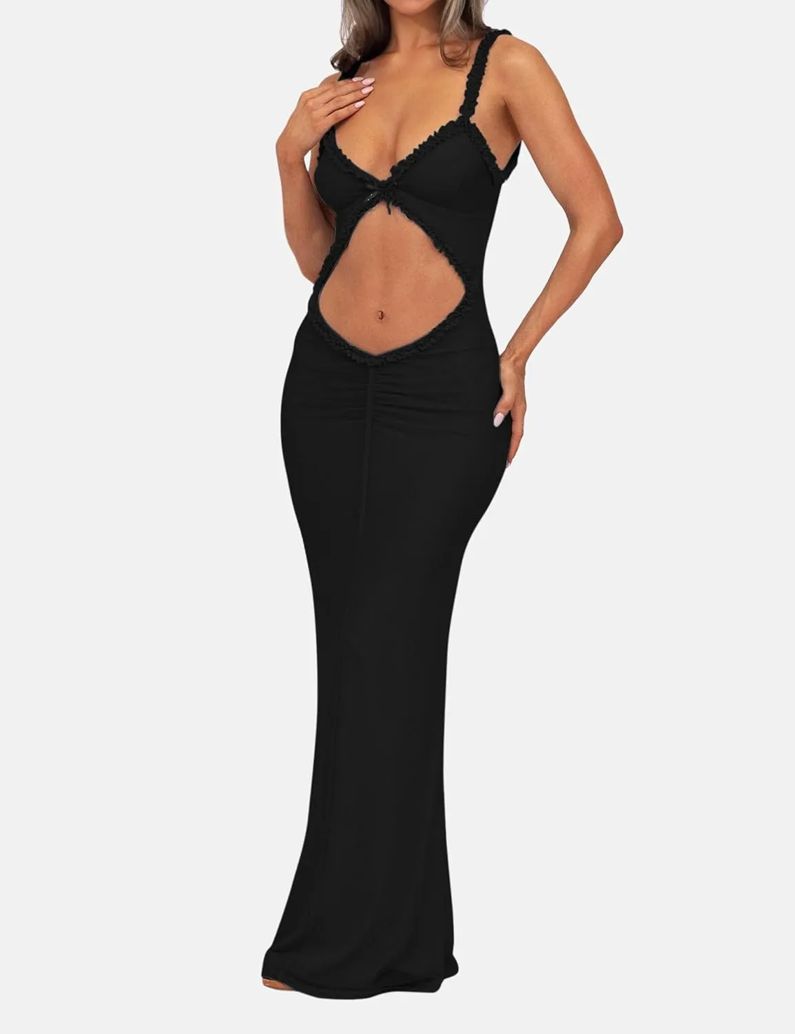 ISZPLUSH Women's Sleeveless All Mesh Dress Sexy Mini Tassel Cut Out See Through Dress High Slit Ruffle Hem Mesh Club Outfit