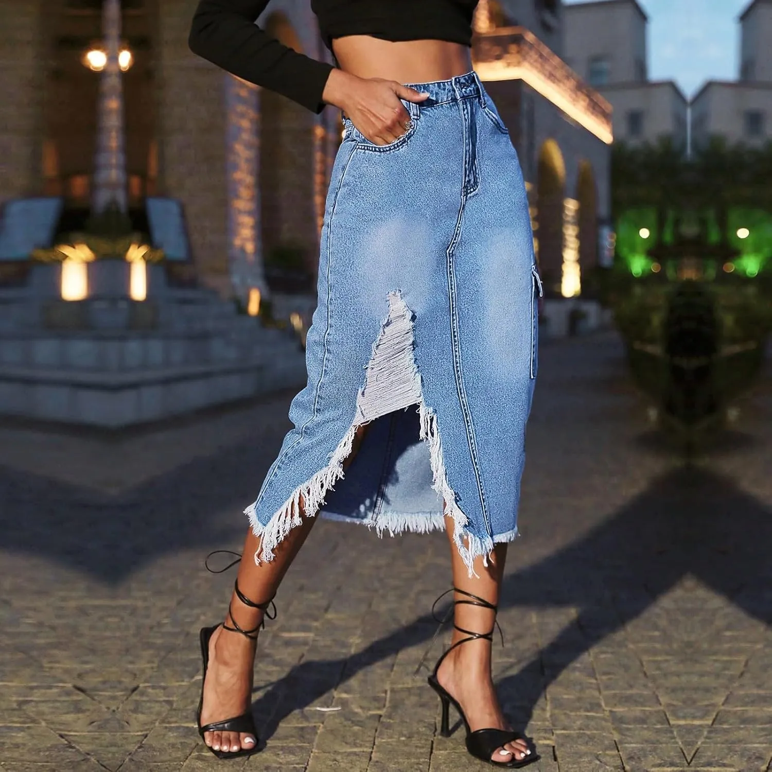 Jean Skirts for Women Denim High Waisted Denim Midi Skirt with Slit Raw Hem Y2K Distressed Asymmetrical Long Jean Skirt