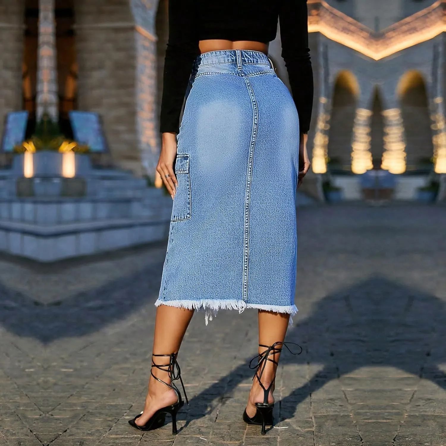 Jean Skirts for Women Denim High Waisted Denim Midi Skirt with Slit Raw Hem Y2K Distressed Asymmetrical Long Jean Skirt