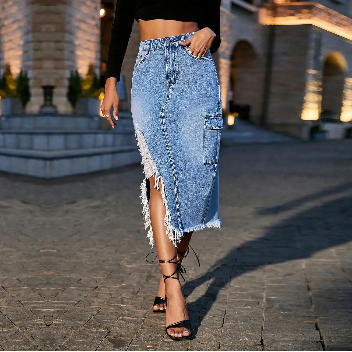 Jean Skirts for Women Denim High Waisted Denim Midi Skirt with Slit Raw Hem Y2K Distressed Asymmetrical Long Jean Skirt
