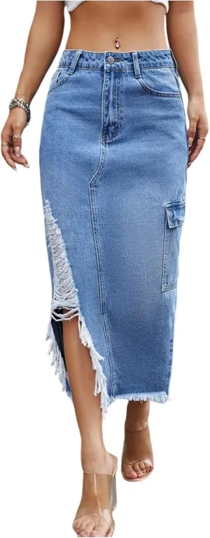 Jean Skirts for Women Denim High Waisted Denim Midi Skirt with Slit Raw Hem Y2K Distressed Asymmetrical Long Jean Skirt