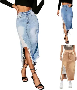 Jean Skirts for Women Denim High Waisted Denim Midi Skirt with Slit Raw Hem Y2K Distressed Asymmetrical Long Jean Skirt