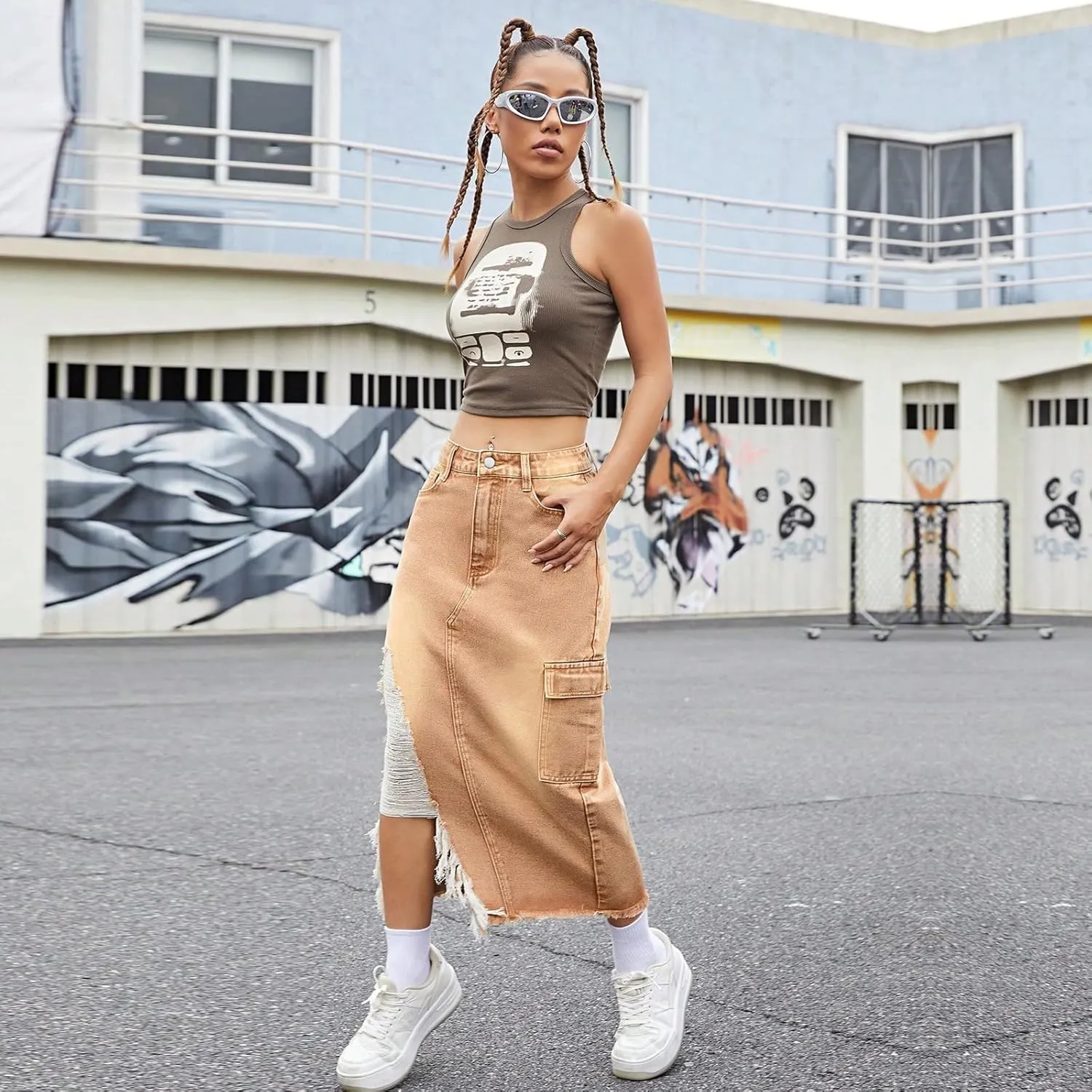 Jean Skirts for Women Denim High Waisted Denim Midi Skirt with Slit Raw Hem Y2K Distressed Asymmetrical Long Jean Skirt