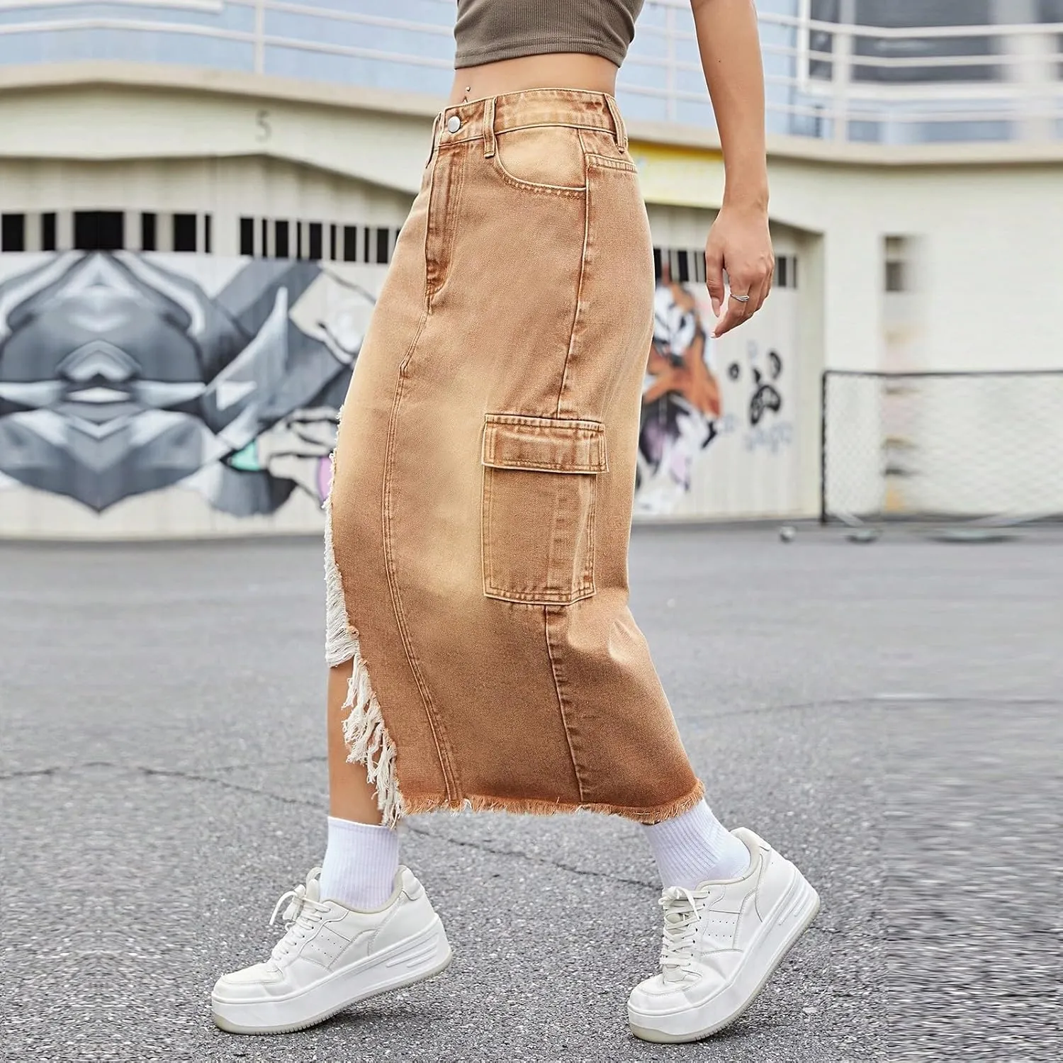 Jean Skirts for Women Denim High Waisted Denim Midi Skirt with Slit Raw Hem Y2K Distressed Asymmetrical Long Jean Skirt