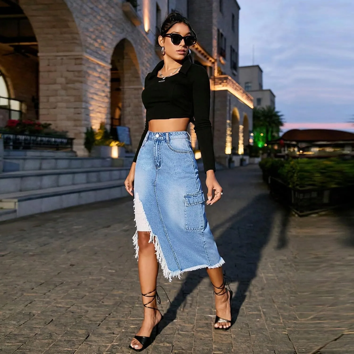 Jean Skirts for Women Denim High Waisted Denim Midi Skirt with Slit Raw Hem Y2K Distressed Asymmetrical Long Jean Skirt