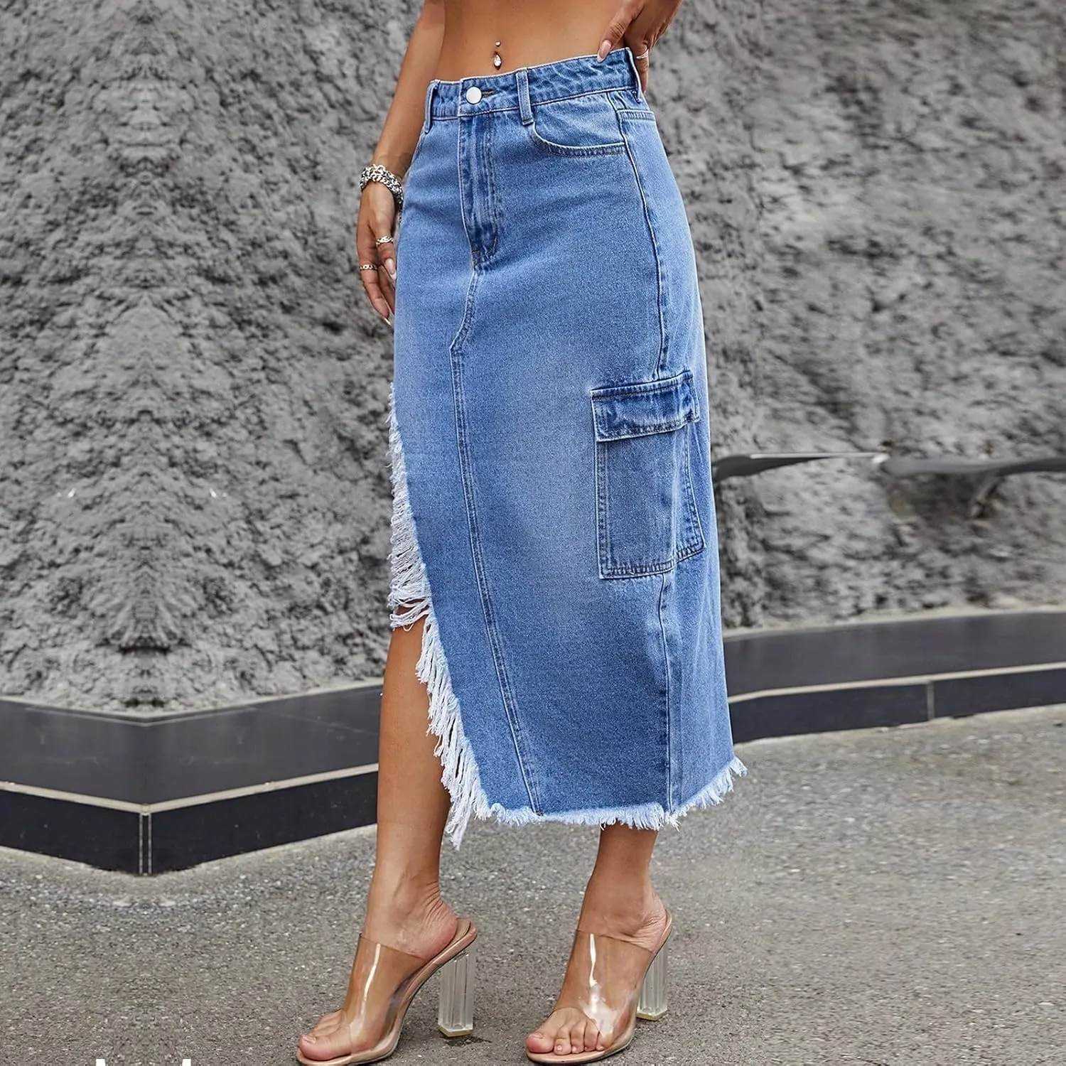 Jean Skirts for Women Denim High Waisted Denim Midi Skirt with Slit Raw Hem Y2K Distressed Asymmetrical Long Jean Skirt