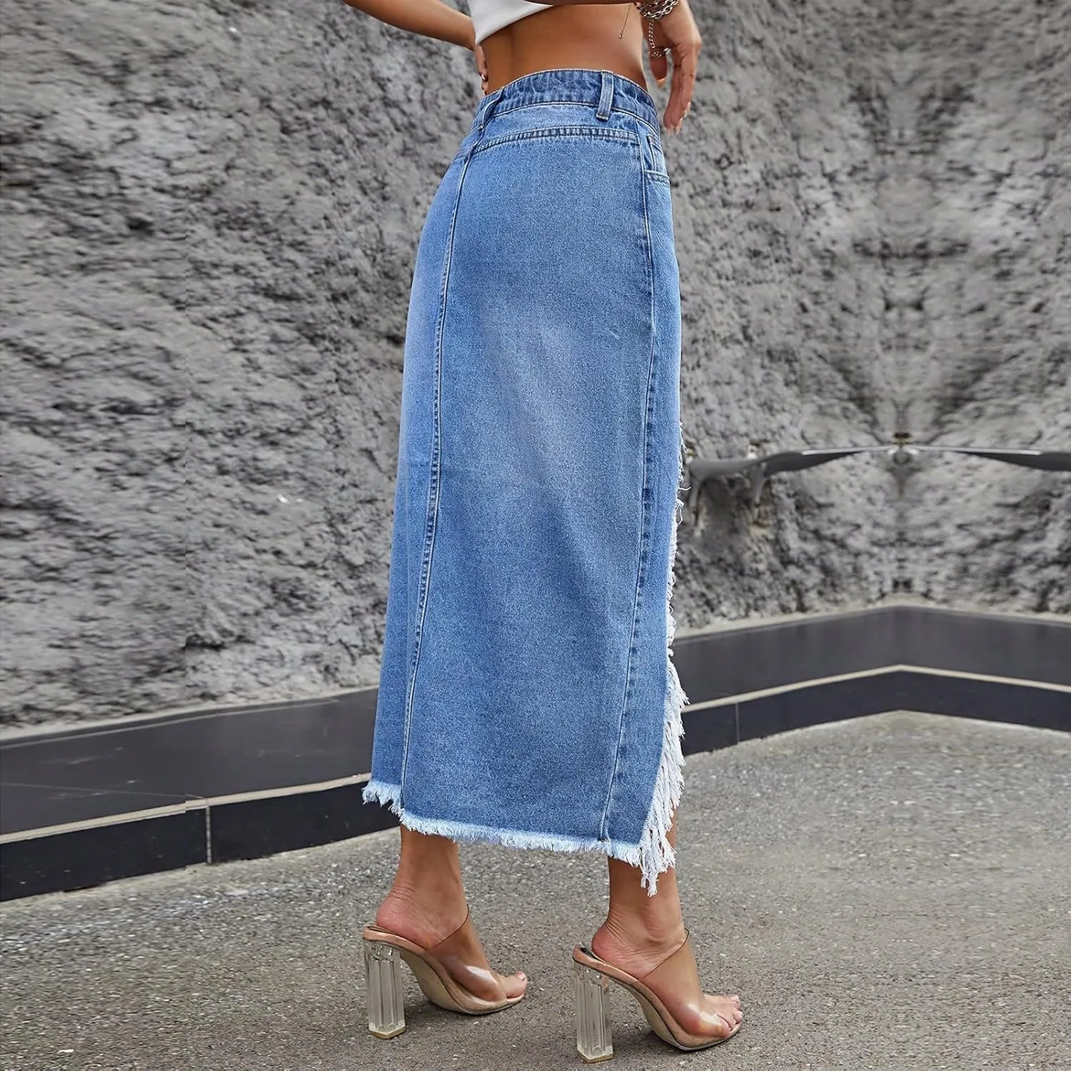 Jean Skirts for Women Denim High Waisted Denim Midi Skirt with Slit Raw Hem Y2K Distressed Asymmetrical Long Jean Skirt