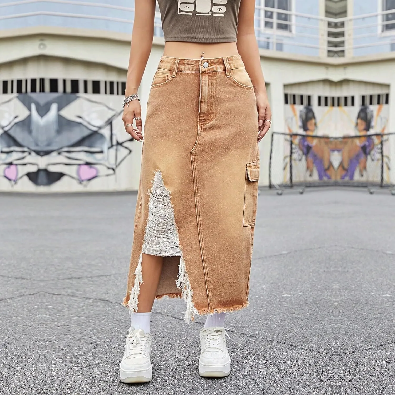 Jean Skirts for Women Denim High Waisted Denim Midi Skirt with Slit Raw Hem Y2K Distressed Asymmetrical Long Jean Skirt