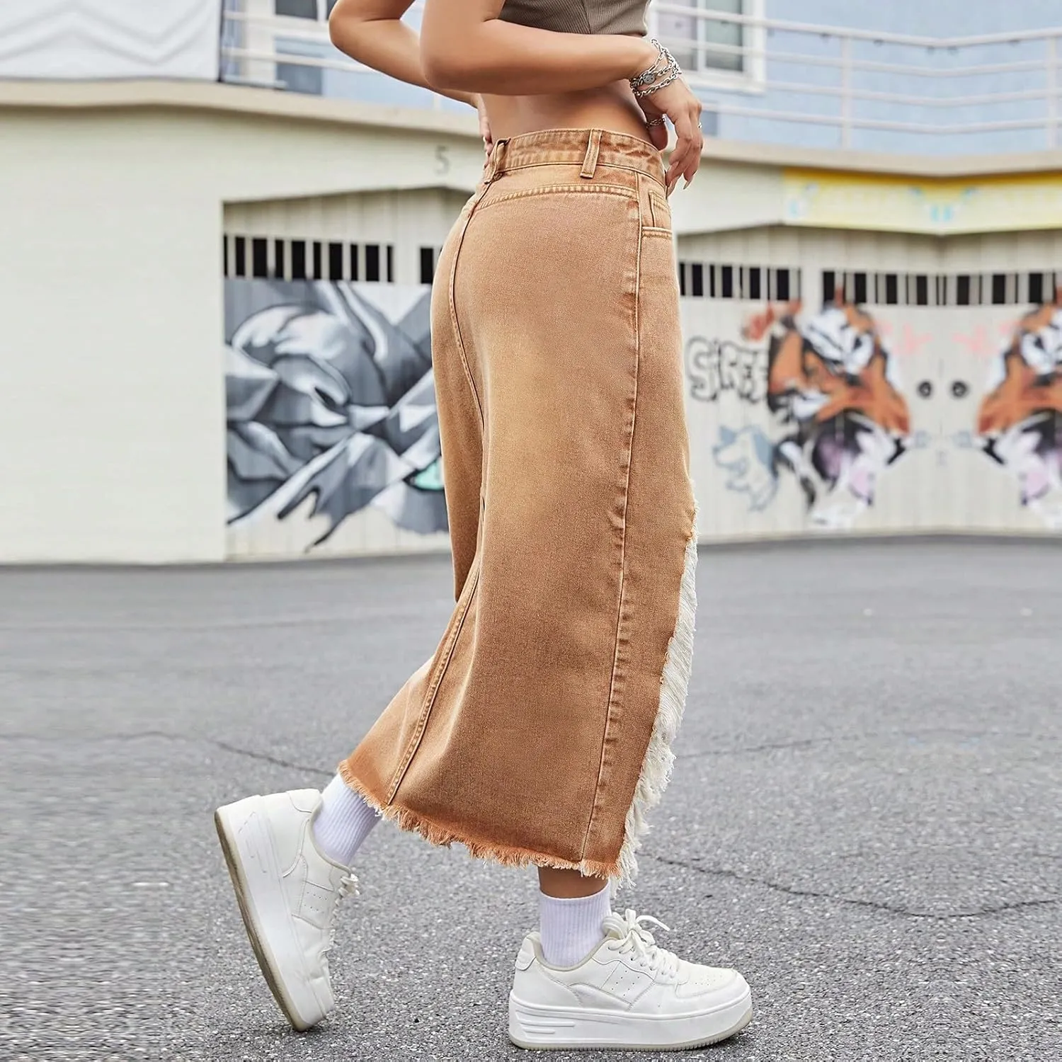 Jean Skirts for Women Denim High Waisted Denim Midi Skirt with Slit Raw Hem Y2K Distressed Asymmetrical Long Jean Skirt