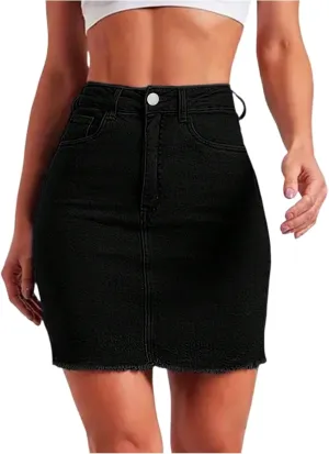 Jean Skirts for Women High Waisted Fray Hem Stretch Denim Mini Skirt Knee Length Y2K Summer Pencil Skirt with Pockets
