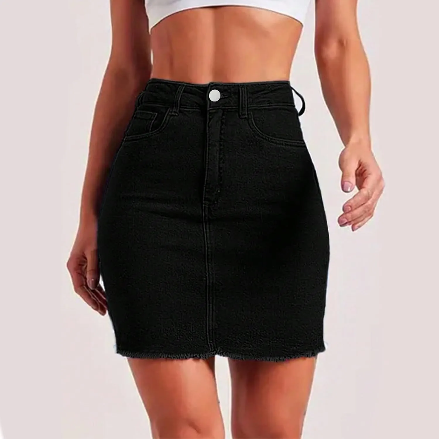 Jean Skirts for Women High Waisted Fray Hem Stretch Denim Mini Skirt Knee Length Y2K Summer Pencil Skirt with Pockets
