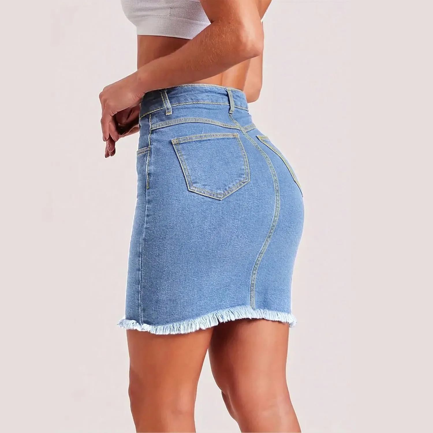 Jean Skirts for Women High Waisted Fray Hem Stretch Denim Mini Skirt Knee Length Y2K Summer Pencil Skirt with Pockets