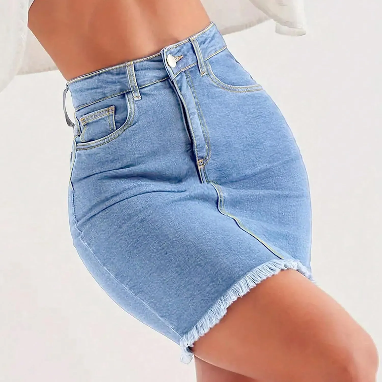 Jean Skirts for Women High Waisted Fray Hem Stretch Denim Mini Skirt Knee Length Y2K Summer Pencil Skirt with Pockets