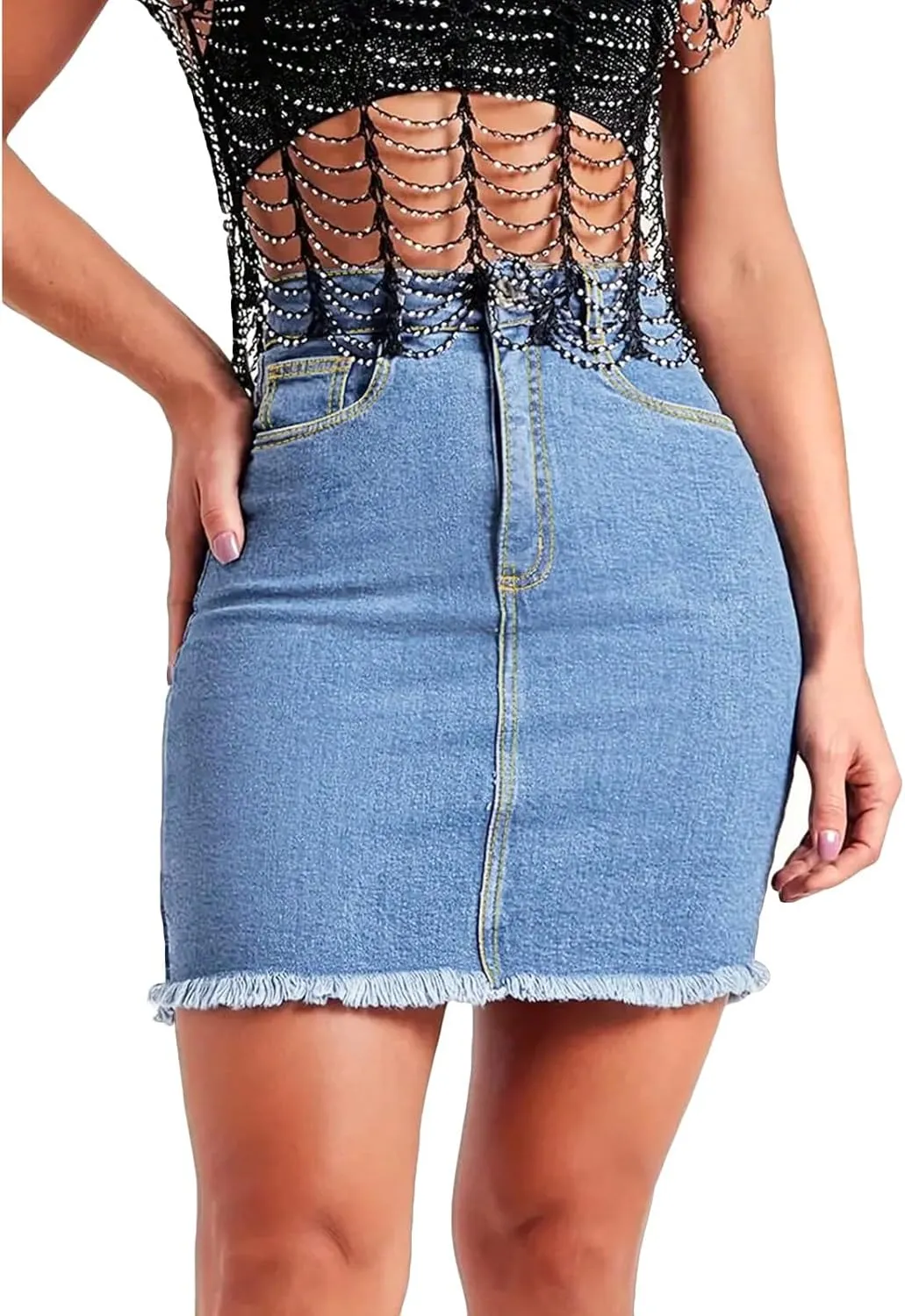 Jean Skirts for Women High Waisted Fray Hem Stretch Denim Mini Skirt Knee Length Y2K Summer Pencil Skirt with Pockets
