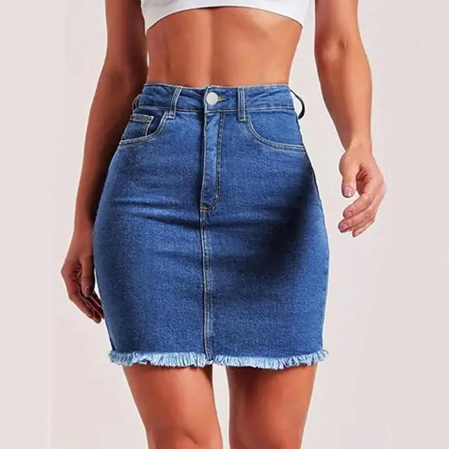 Jean Skirts for Women High Waisted Fray Hem Stretch Denim Mini Skirt Knee Length Y2K Summer Pencil Skirt with Pockets