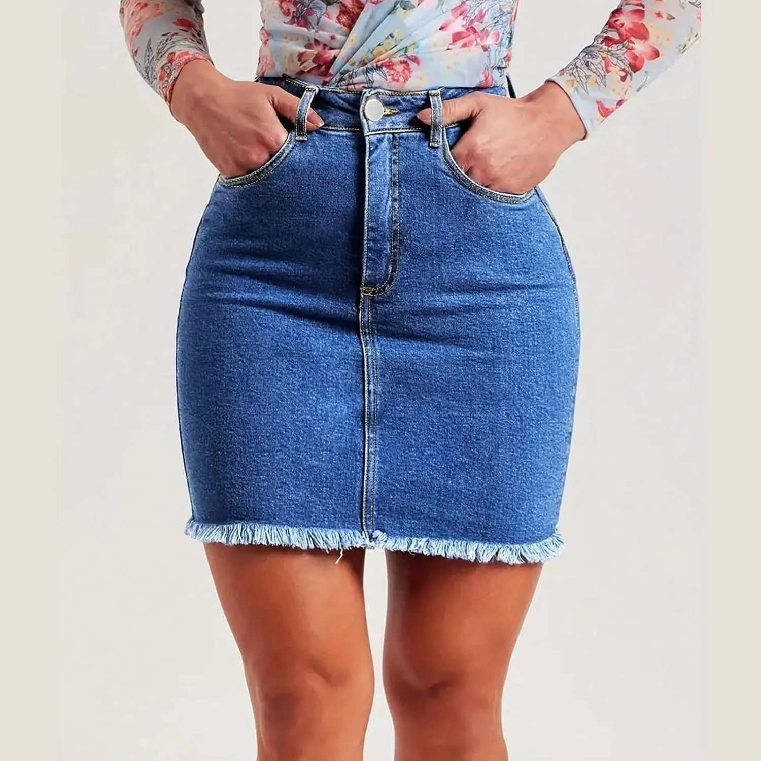 Jean Skirts for Women High Waisted Fray Hem Stretch Denim Mini Skirt Knee Length Y2K Summer Pencil Skirt with Pockets