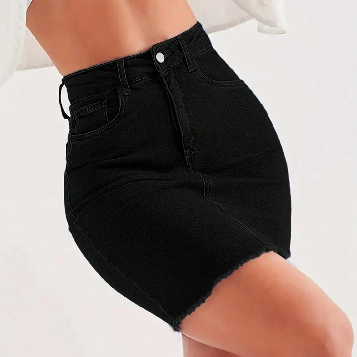 Jean Skirts for Women High Waisted Fray Hem Stretch Denim Mini Skirt Knee Length Y2K Summer Pencil Skirt with Pockets