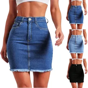 Jean Skirts for Women High Waisted Fray Hem Stretch Denim Mini Skirt Knee Length Y2K Summer Pencil Skirt with Pockets