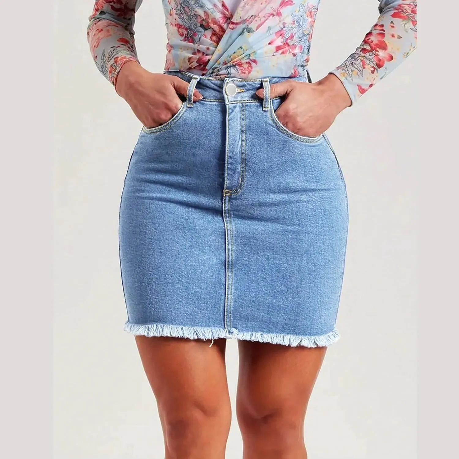 Jean Skirts for Women High Waisted Fray Hem Stretch Denim Mini Skirt Knee Length Y2K Summer Pencil Skirt with Pockets