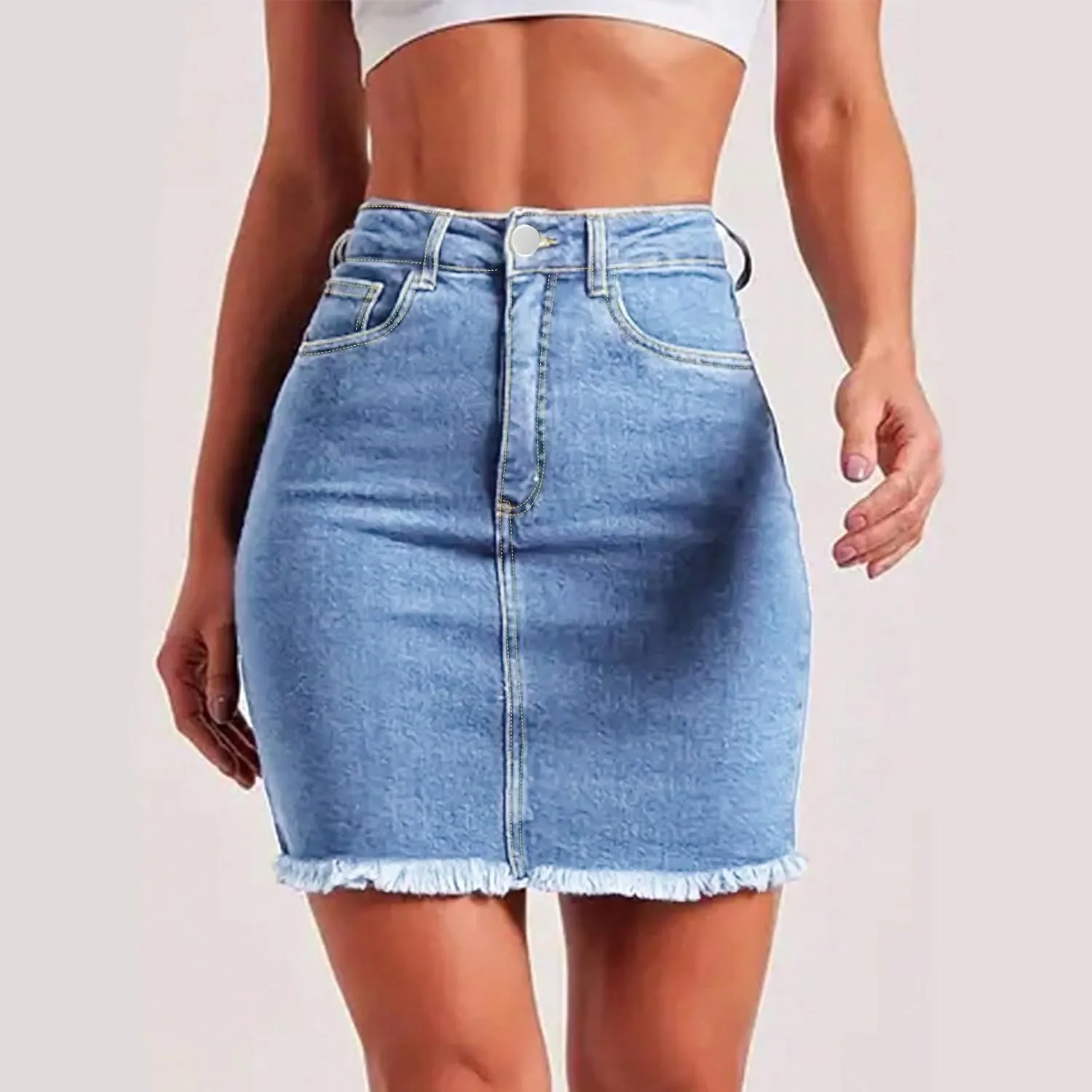 Jean Skirts for Women High Waisted Fray Hem Stretch Denim Mini Skirt Knee Length Y2K Summer Pencil Skirt with Pockets