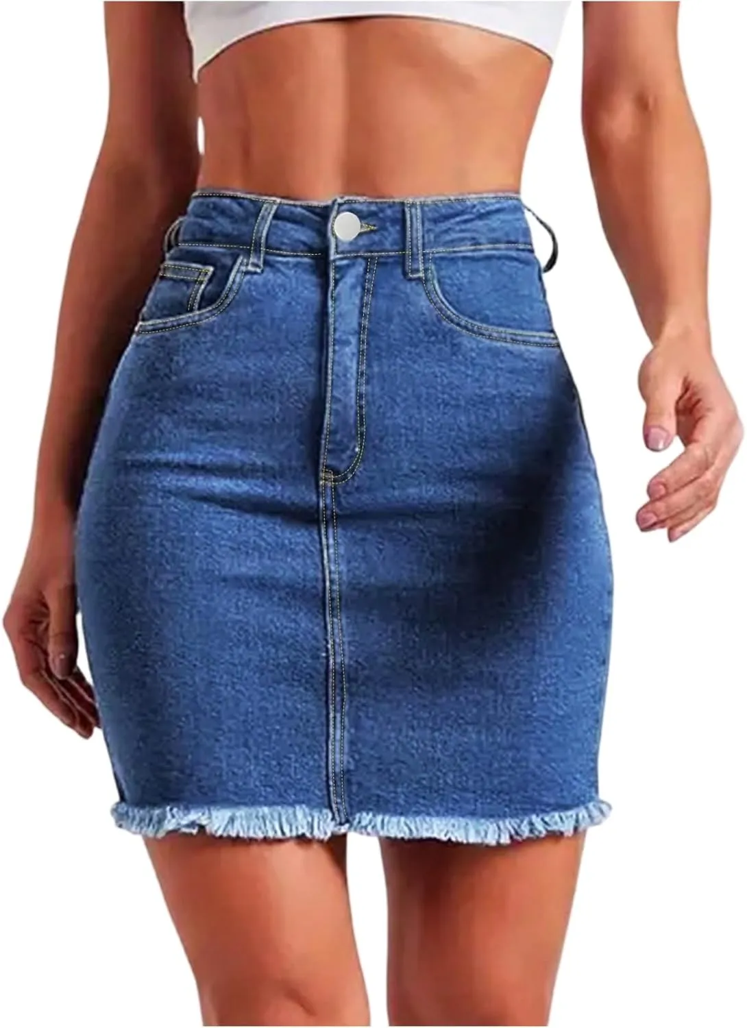 Jean Skirts for Women High Waisted Fray Hem Stretch Denim Mini Skirt Knee Length Y2K Summer Pencil Skirt with Pockets