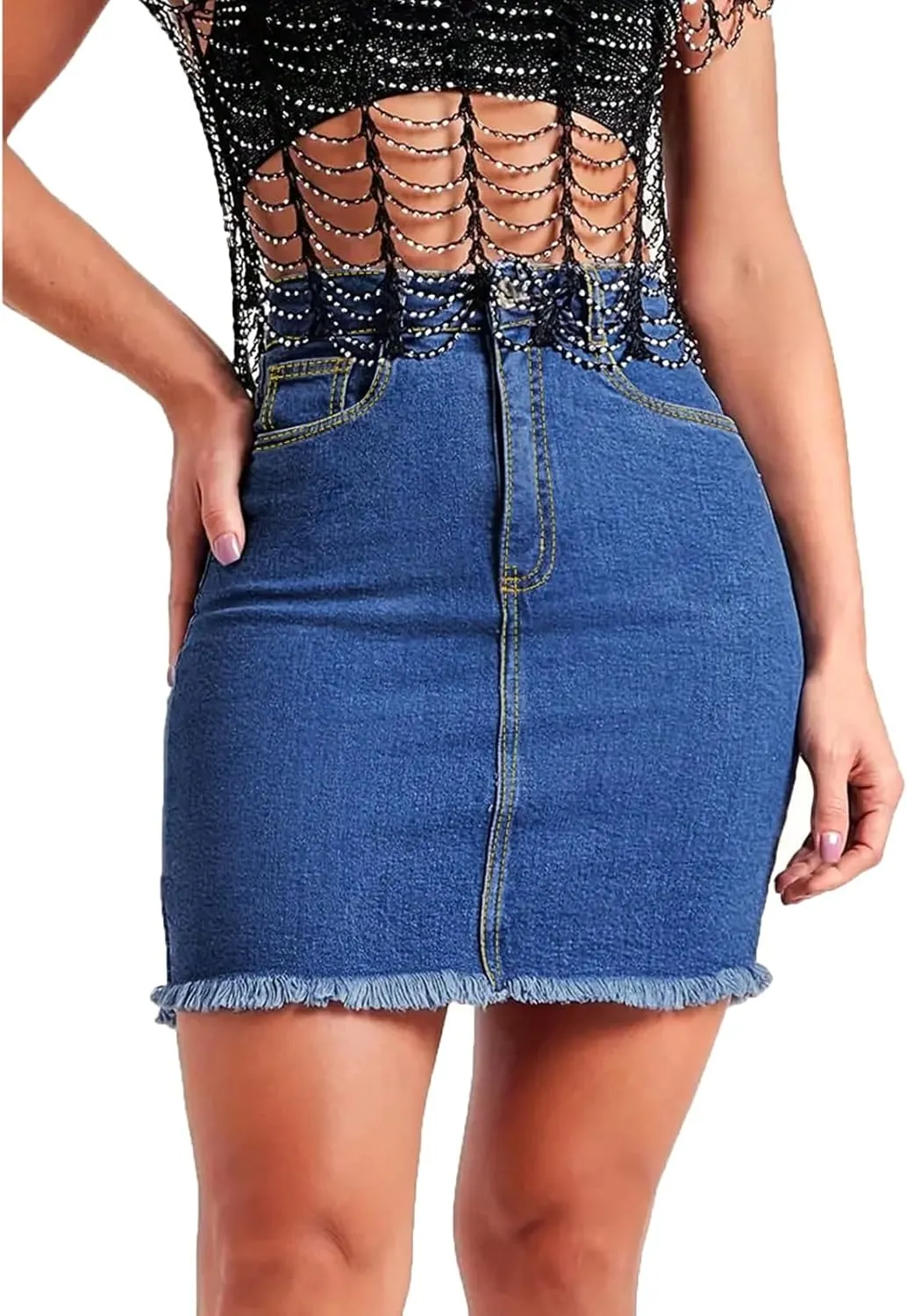 Jean Skirts for Women High Waisted Fray Hem Stretch Denim Mini Skirt Knee Length Y2K Summer Pencil Skirt with Pockets