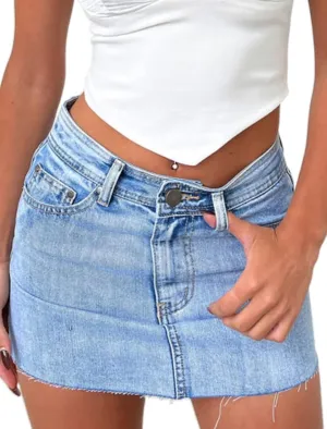 Just Quella Women's Stretch Washed Vintage Jean Skirt Fringed Slim Fit Denim Mini Skirt