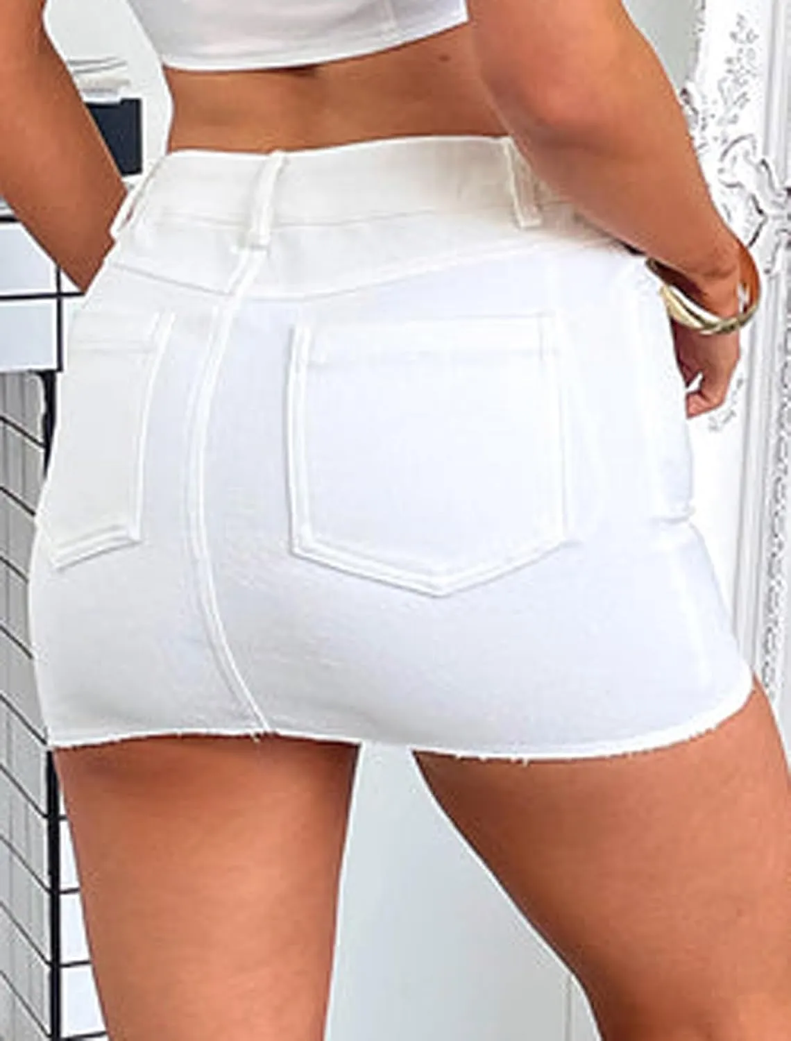 Just Quella Women's Stretch Washed Vintage Jean Skirt Fringed Slim Fit Denim Mini Skirt
