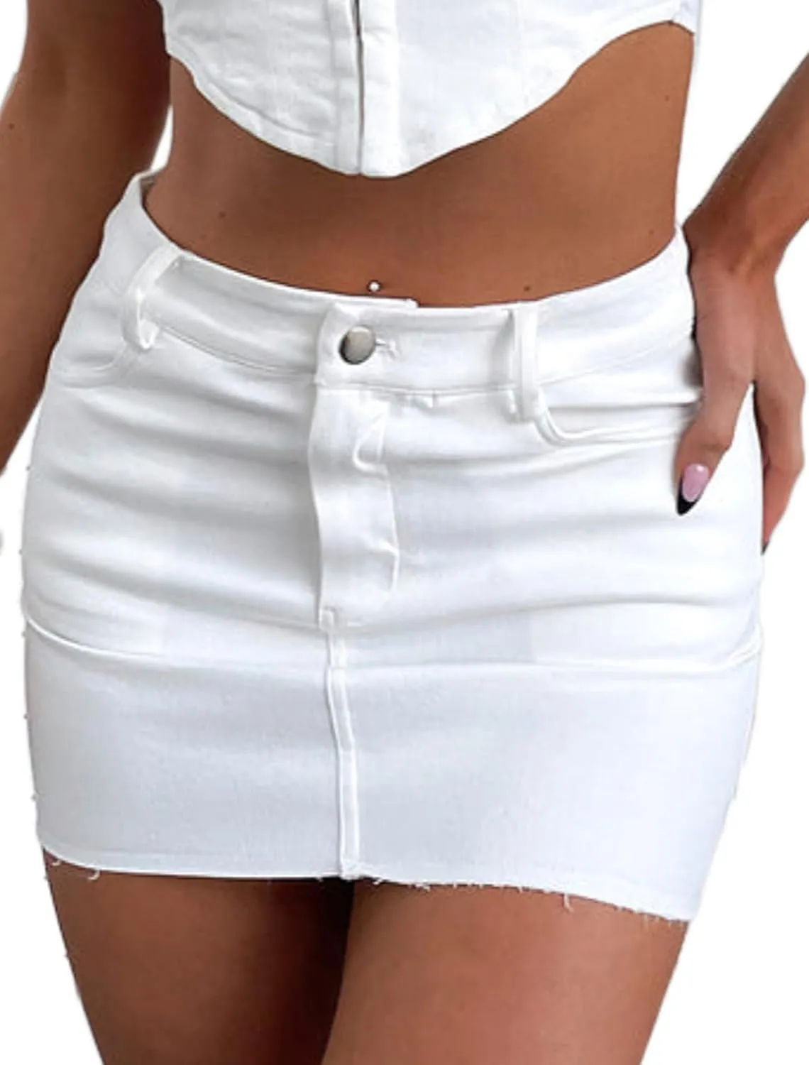 Just Quella Women's Stretch Washed Vintage Jean Skirt Fringed Slim Fit Denim Mini Skirt