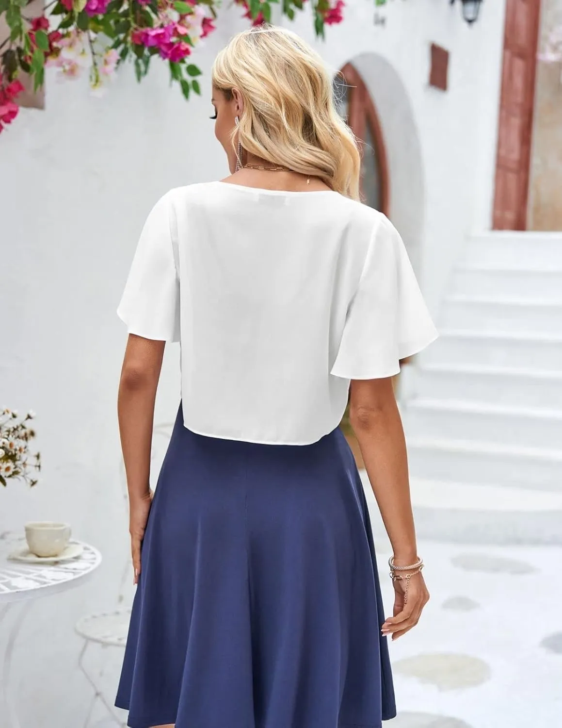 Kate Kasin Women Shrug Sheer Ruffle Short Sleeve Cropped Chiffon Bolero for Dress