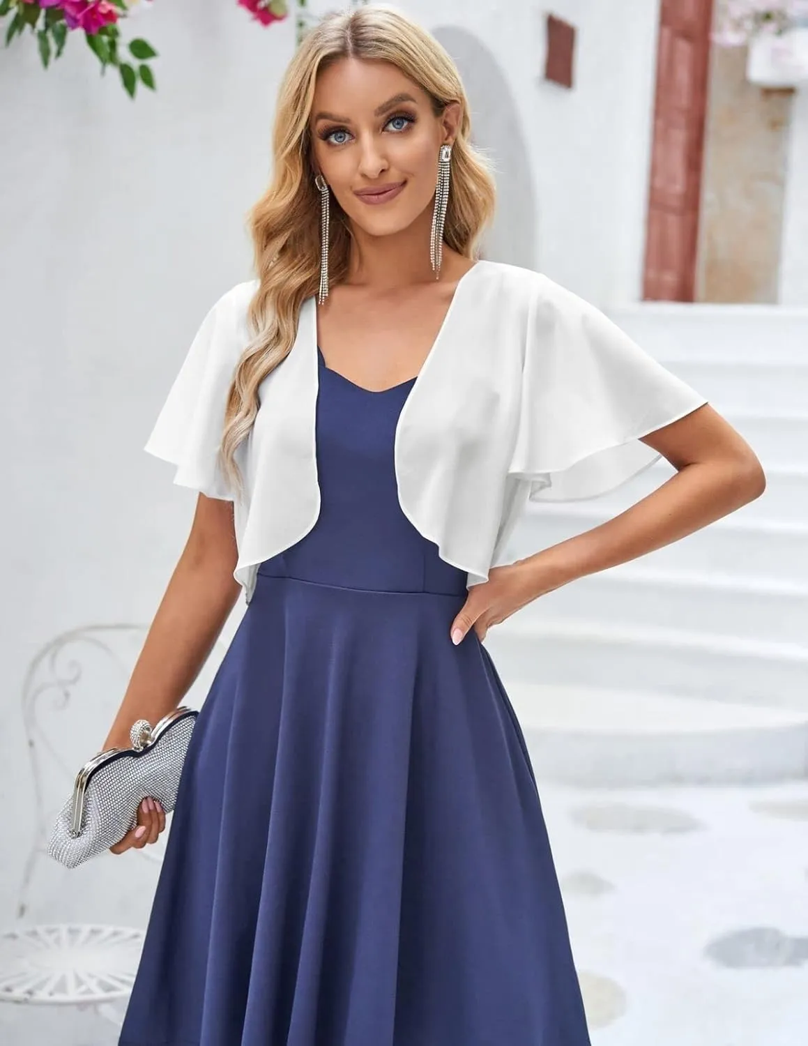 Kate Kasin Women Shrug Sheer Ruffle Short Sleeve Cropped Chiffon Bolero for Dress