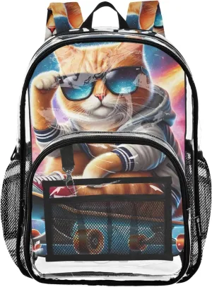Kids Backpack for Girls Cute Kitten Skateboard Cat Clear Backpack for Women Plastic See through Bookbag