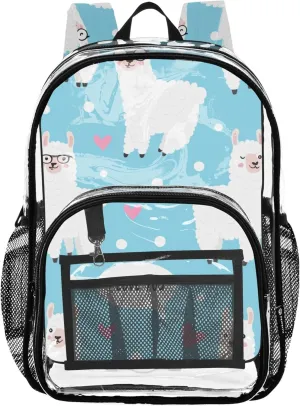 Kids Backpack for Girls Cute White Llamas Light Blue Travel Clear Bags for Women Plastic See through Bookbag