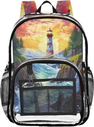 Kids Girls Backpack Boys Island Cliffs Skyscape Scenery Travel Clear Bags for Women See through Approved Bag
