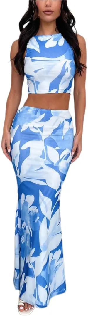 ksotutm 2 Piece Sets for Women Summer Floral Print Sleeveless Tank Top and Pencil Skirt