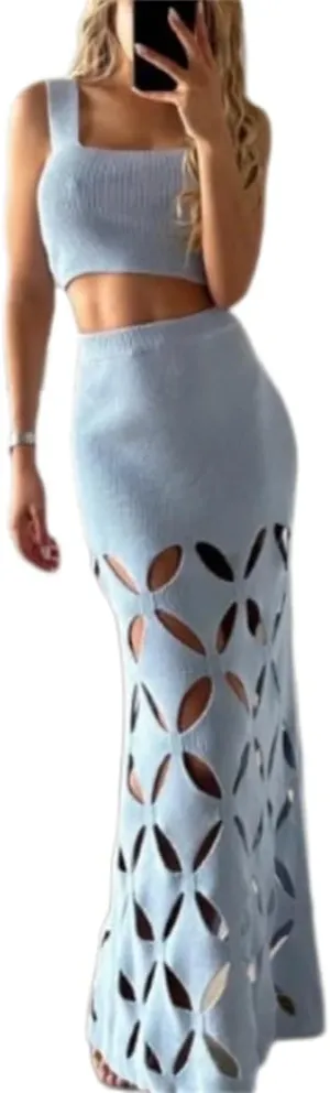 ksotutm Crochet Sets Two Piece Women Summer Causal Knit Halter Top and Hollow Out Maxi Skirt Matching Set