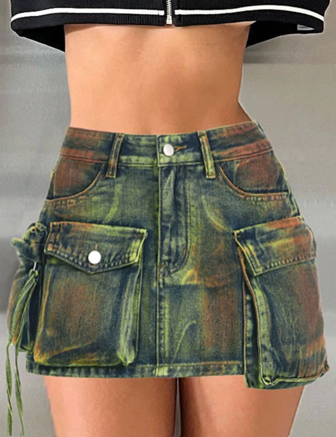 Kwoki Women's Denim Cargo Skirt Low Rise Y2K Flap Pockets Bodycon Jean Shorts Skorts