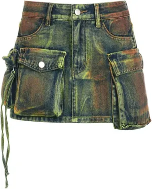 Kwoki Women's Denim Cargo Skirt Low Rise Y2K Flap Pockets Bodycon Jean Shorts Skorts