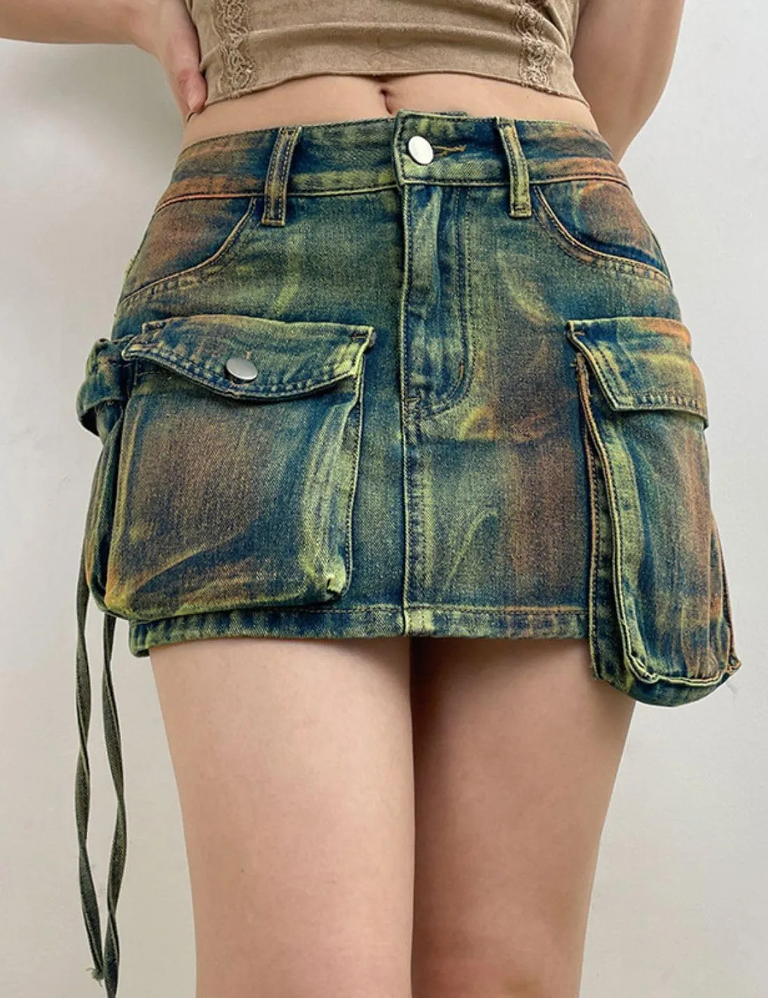 Kwoki Women's Denim Cargo Skirt Low Rise Y2K Flap Pockets Bodycon Jean Shorts Skorts